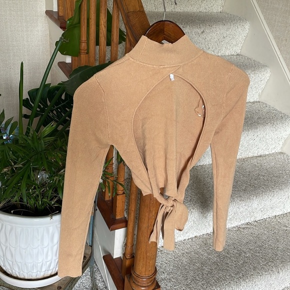 Hazel Moon Tan Turtleneck Sweater with Open Tie Detail At Back - Picture 3 of 6